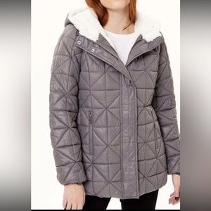 Steve Madden Size XL Titanium Gray Hooded Fleece Trim Puffer Jacket Coat